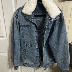 Women's Blue Denim Jacket with White Faux Fur Collar
